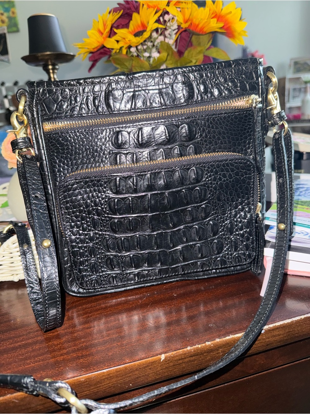 Brahmin Black Croc-Embossed Crossbody Bag with Gold Hardware